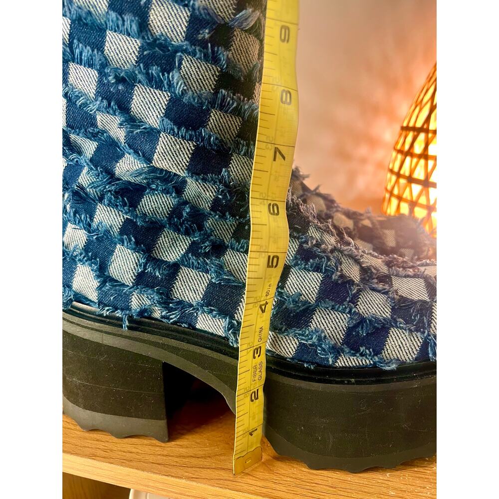 John Fluevog Twirl Denim Checkerboard Patchwork Vegan Platform Boots in Sz W 11 - Picture 7 of 7